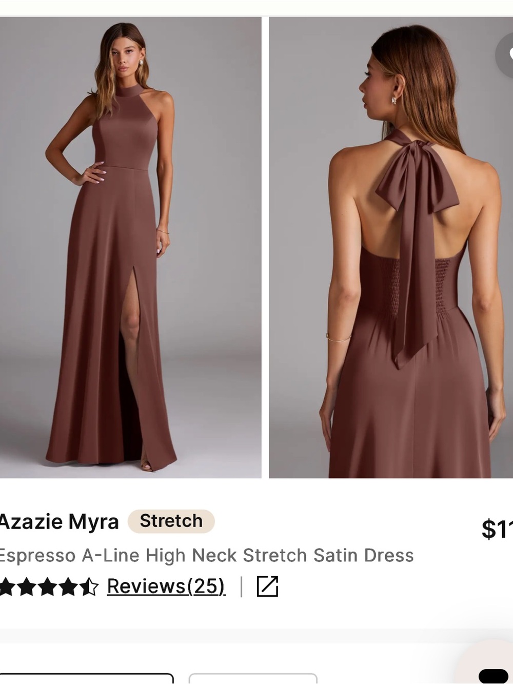 Azazie satin Maxi Dress in Espresso Brown with High Neck and Back Tie